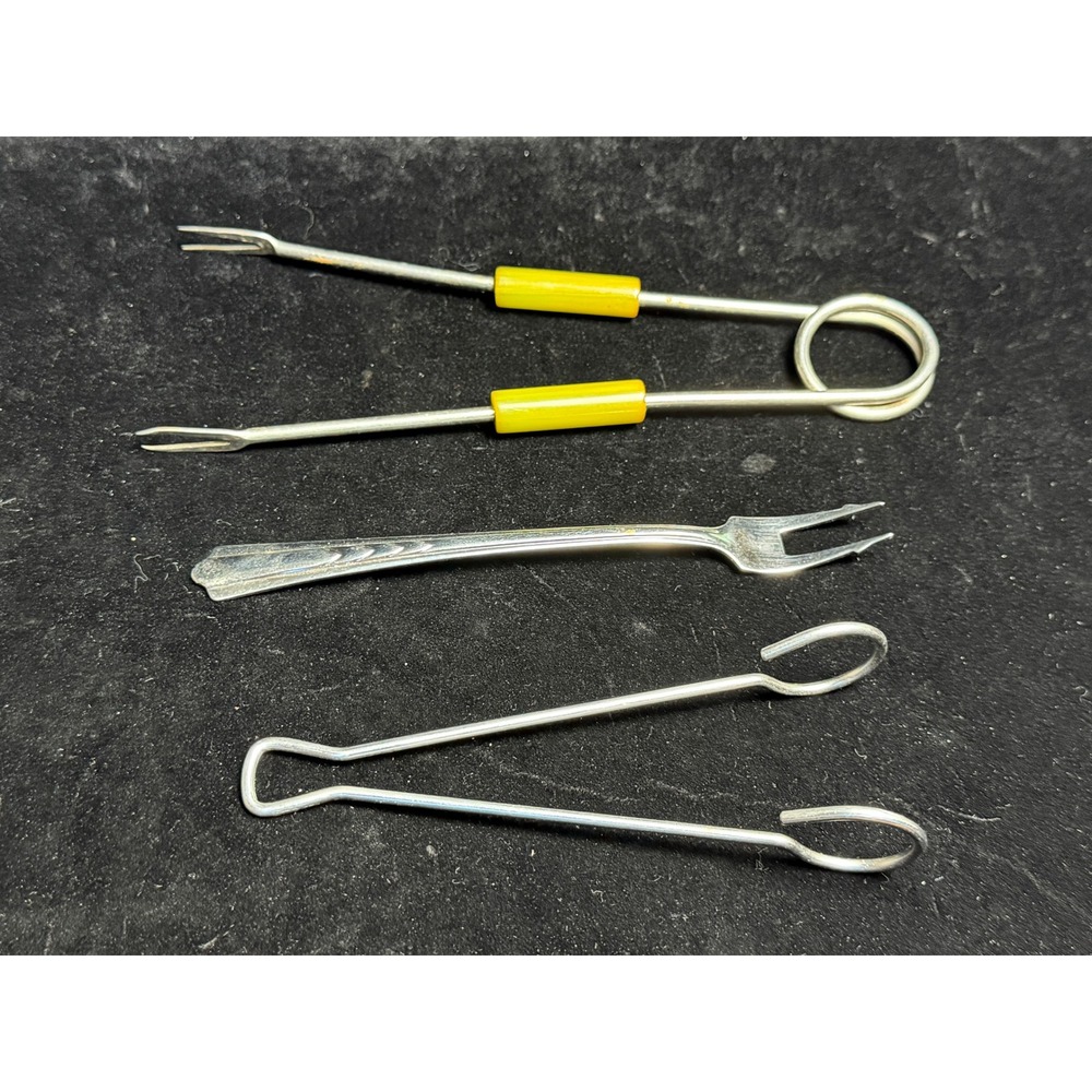 Vintage Ekco Stainless Pickle Fork, Yellow Spring Wire Tongs, Ice tongs, 3pc Set